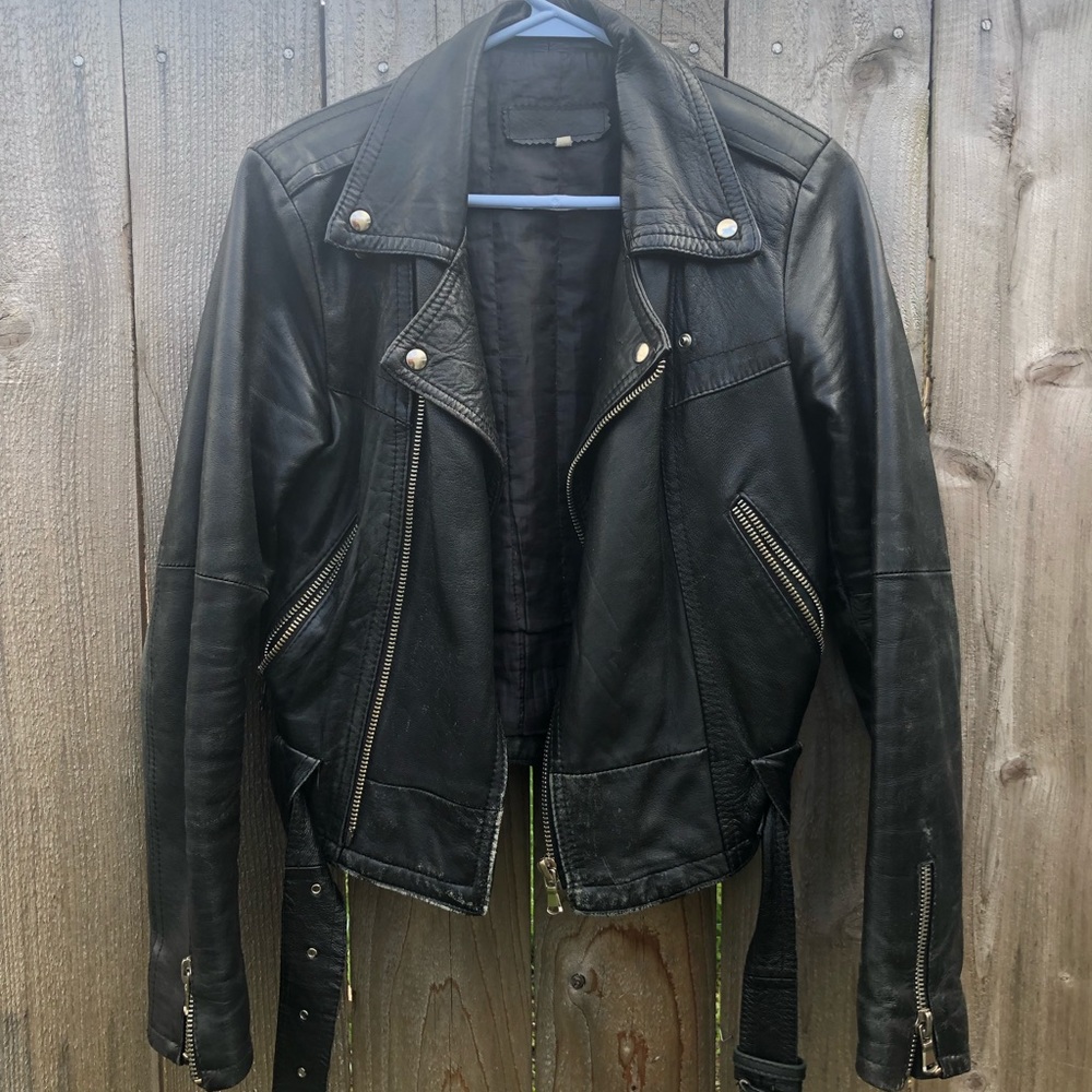 Vera Pelle black leather biker jacket with custom paint back panel